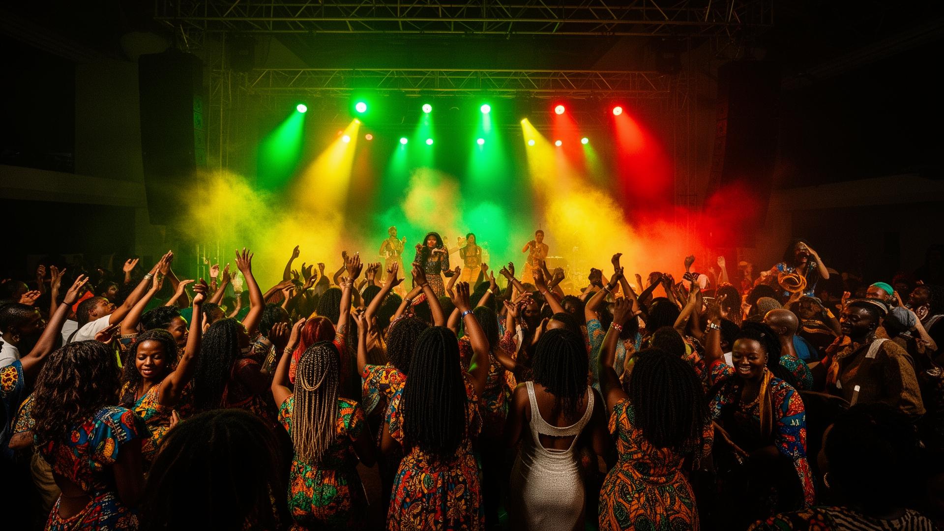 Zimbabwean diaspora crowd dancing under stage lights